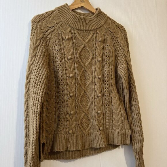 J.Crew Wool Blend Azra Pom Pom Cable Knit Mock Neck Sweater Size Small Tan - Picture 9 of 16